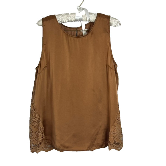 Sundance Tank Top Womens Size Medium Silk Paisley Lace Overlay Shell Camel Brown - Picture 1 of 10